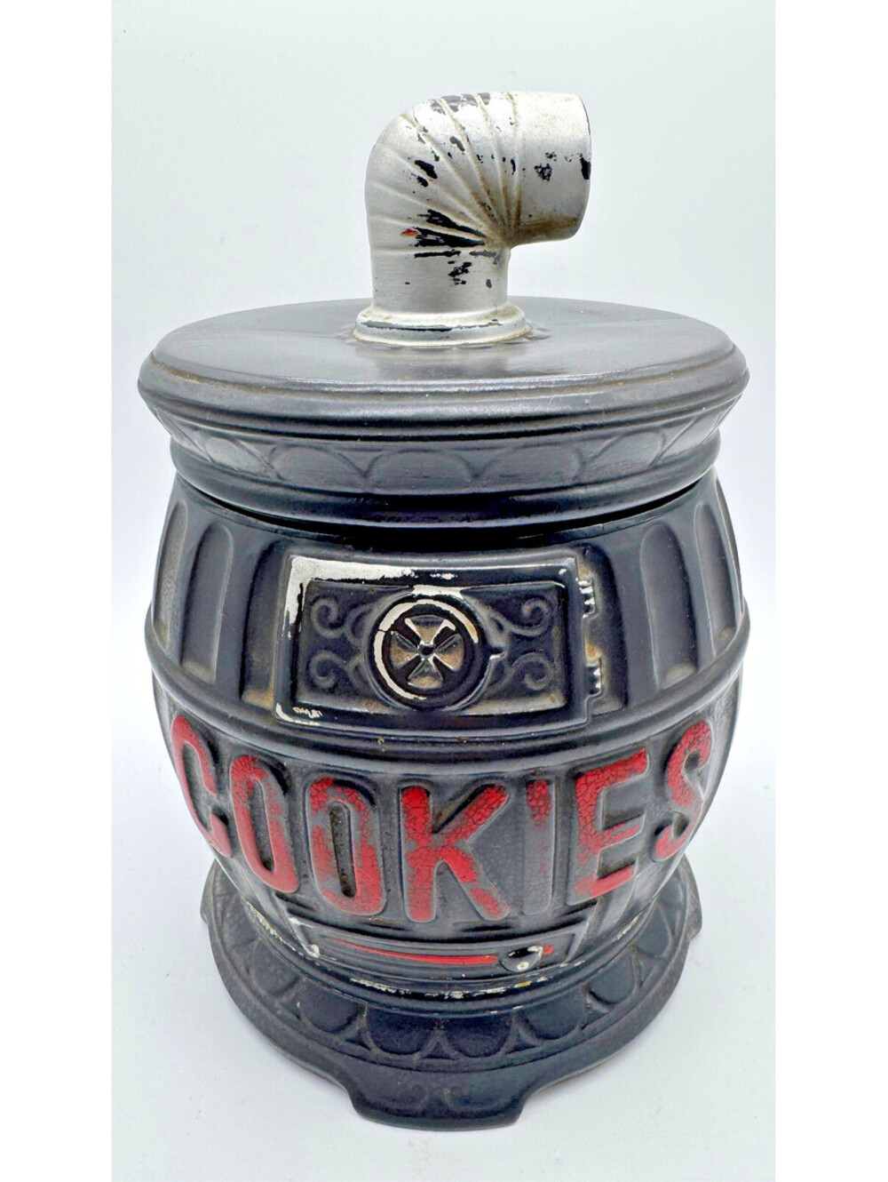 Vintage 1960s Japan Pot Belly Stove Cookie Jar Black Red Silver MCM